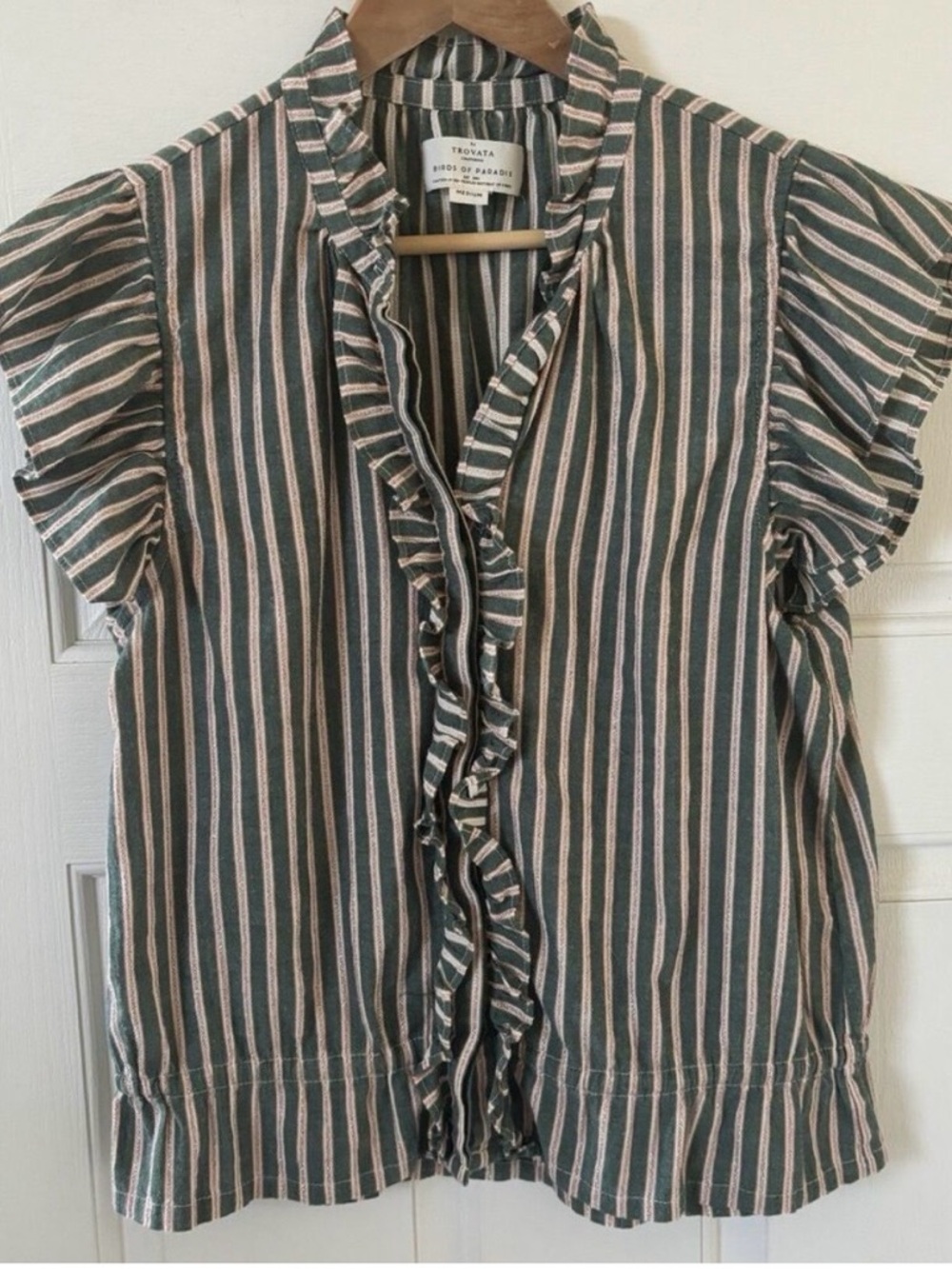 Trovata Green, Gold, Pink & Cream Striped Ruffle Button-Front Blouse